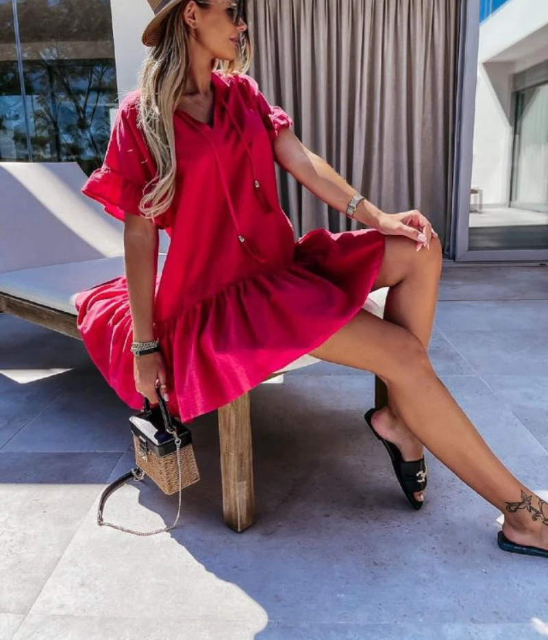 

Women Short Sleeves Loose Dress 2021 Vintage Pleated Ruffles Solid Mini Dress Female V Neck Casual Vestidos Chic Sweet Dresses