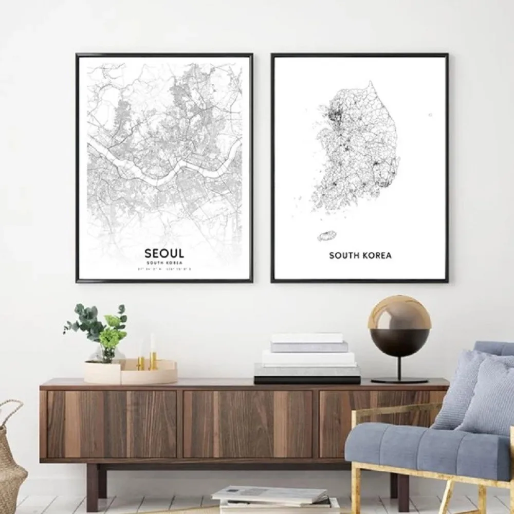 

South Korea Map Poster Black and White Art Print Seoul City Street Road Map Picture Modern Art Canvas Painting Home Office Decor