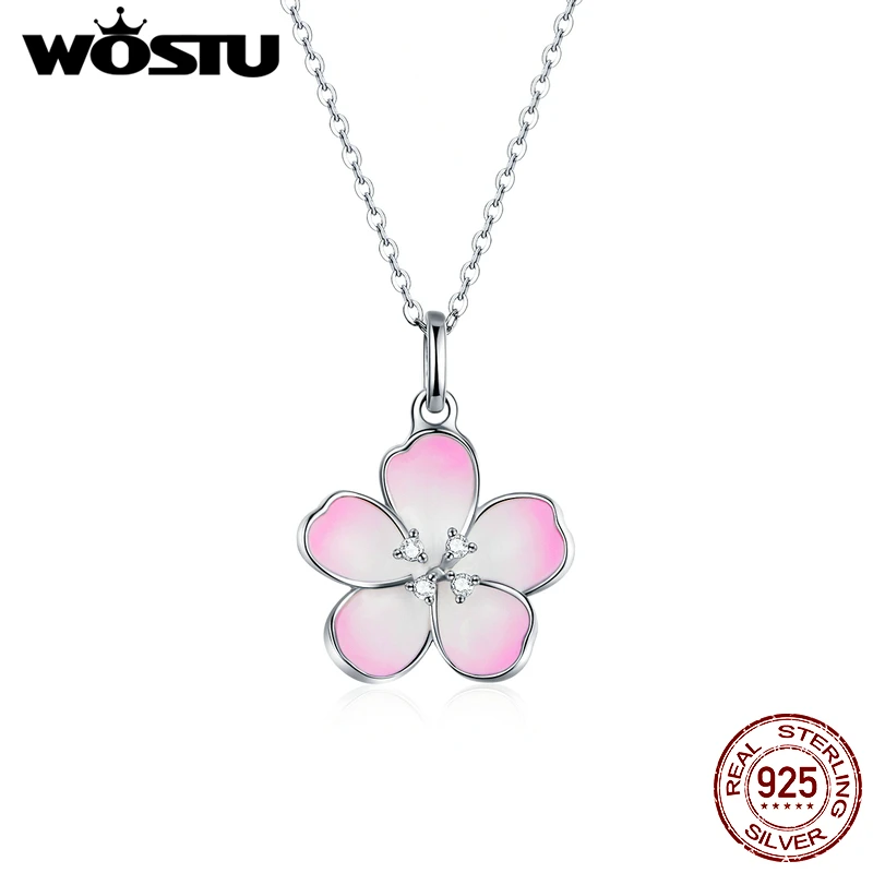 WOSTU подлинное серебро 925 пробы Сакура цветет ожерелье розовый цветок эмаль