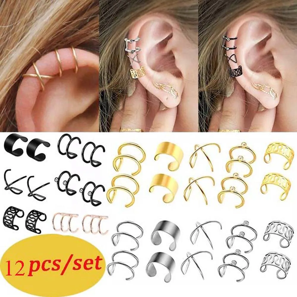 Модные 12 шт./компл. ухо манжеты 4 цвета кафф на клип серьги для женщин Earcuff без