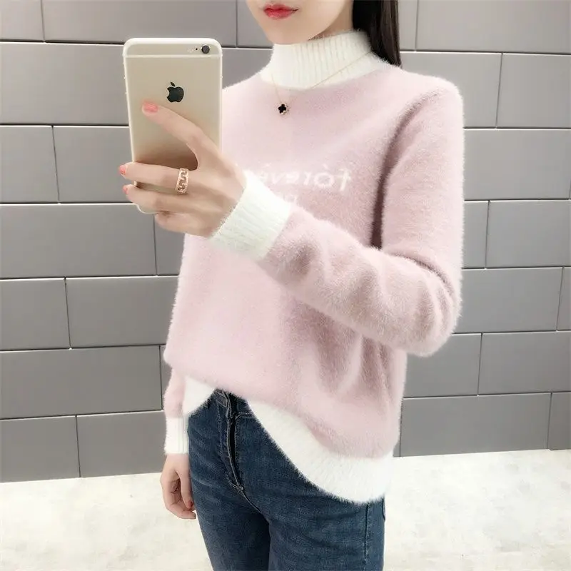 

Women Thicken New Winter Knitted Sweater Imitation Mink Fleece Pullover Loose Fashion Versatile Half High Collar Casual Sweater