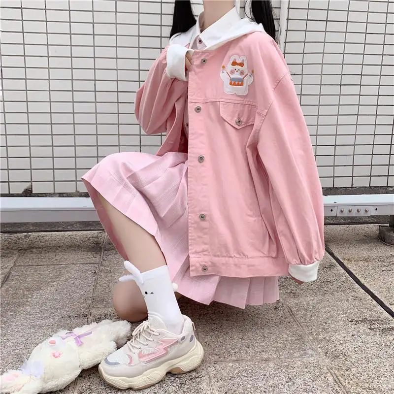 

Cute embroidered jacket kawaii rabbit ears hoodie women winter leisure Japanese preppy style sweet Harajuku pink cargo outerwear