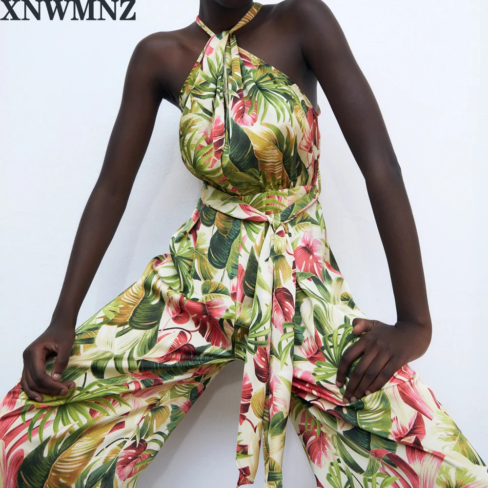 XNWMNZ za Summer Beach Style Halter Jumpsuits Women Fashion Loose Printed Jumpsuit Women Elegant Long Jumpsuits Female Ladies