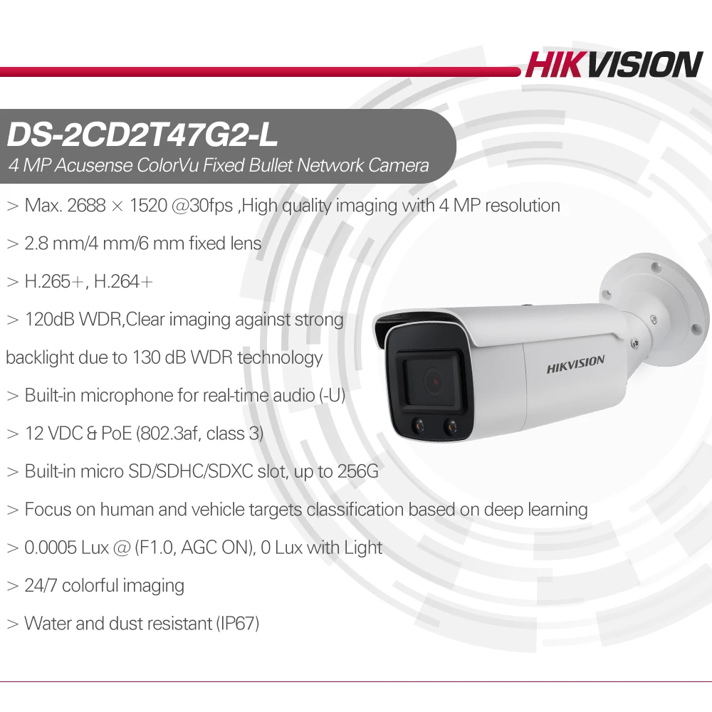 Hikvision DS-2CD2T47G2-L AcuSense IP-камера ColorVu 4MP Bullet IPC H.265 + SD слот POE CCTV функция распознавания