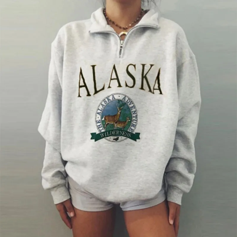 

Zip Pullover Letter Print Lapel Thick Vintage Oversized Sweatshirt Women Hoodies Loose Long Sleeve Autumn Winter Streetwear BF