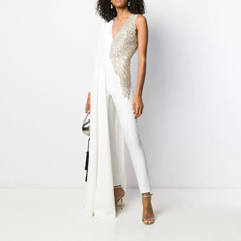 

Sexy Deep V Slim Sheer Jumpsuit Sequins Embroidery Patchwork Long Sleeves Jumpsuits