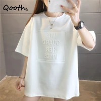 qooth korean style loose short sleeved t shirt women%e2%80%99s solid letter printed summer t shirt large size all match tops qt617