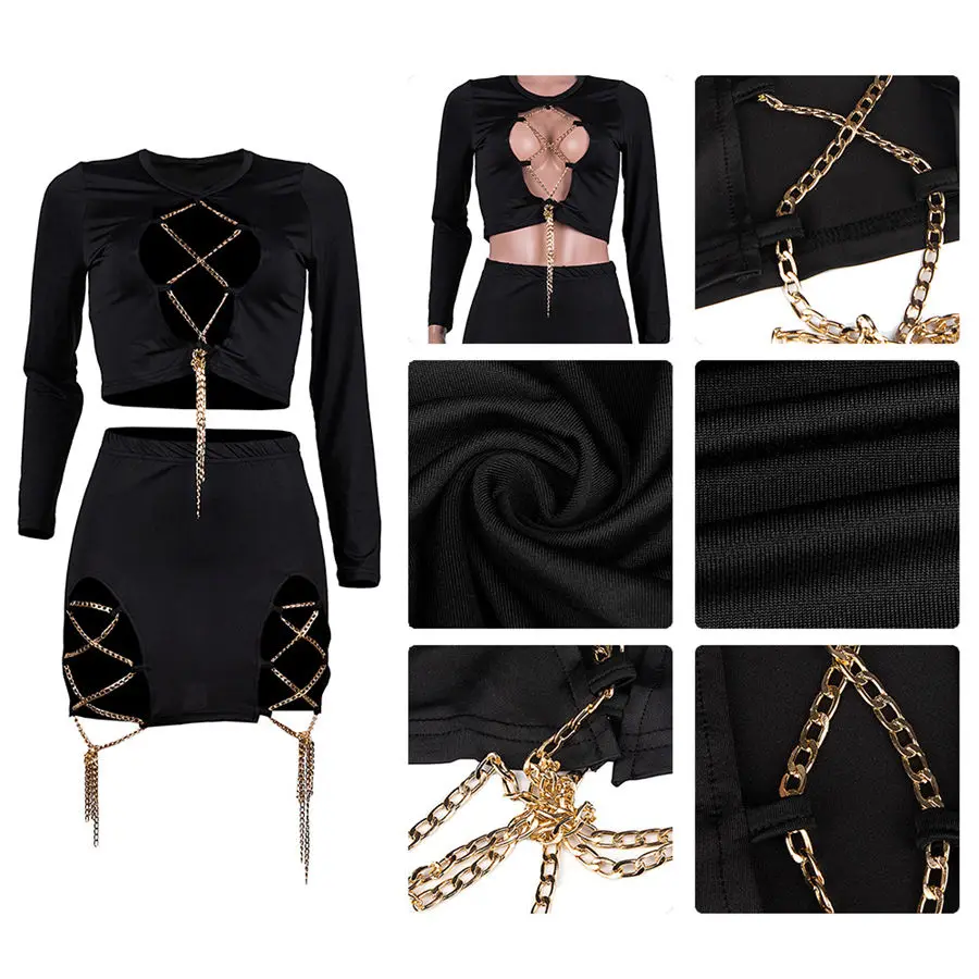 

Womens Sets Metal Chain Lace Up Hollow Out 2 Piece Club Outfits Long Sleeve Bandage Crop Top High Waist Mini Skirt Matching Suit