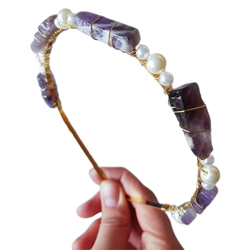 

Q1FA Natural Stone Raw Quartz Crystal Headband Imitation Pearl Beading Crown Hair Hoop Bohemian Festival Wedding Party Jewelry