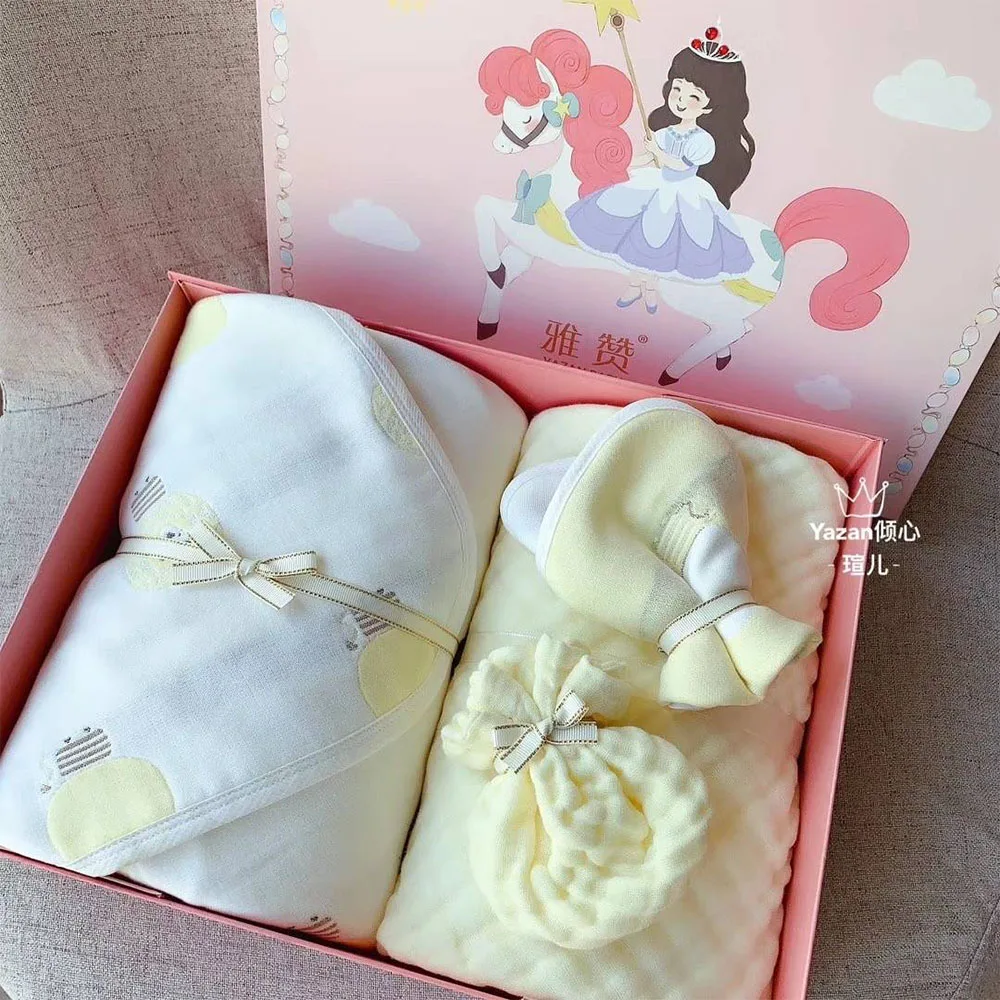 Yazan baby gift set contains square towel*2 + bath towel +6 layers cotton gauze cover blanket+ gift boxboy and girl birth gift