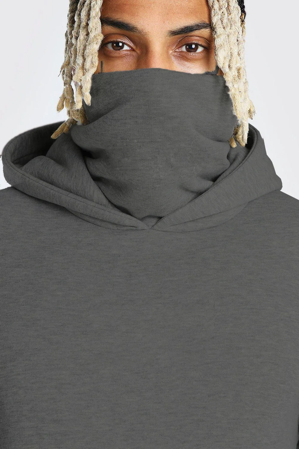 

2021 new winter men's street style hooded mask sweater solid color casual sweater men's plus velvet hoodie