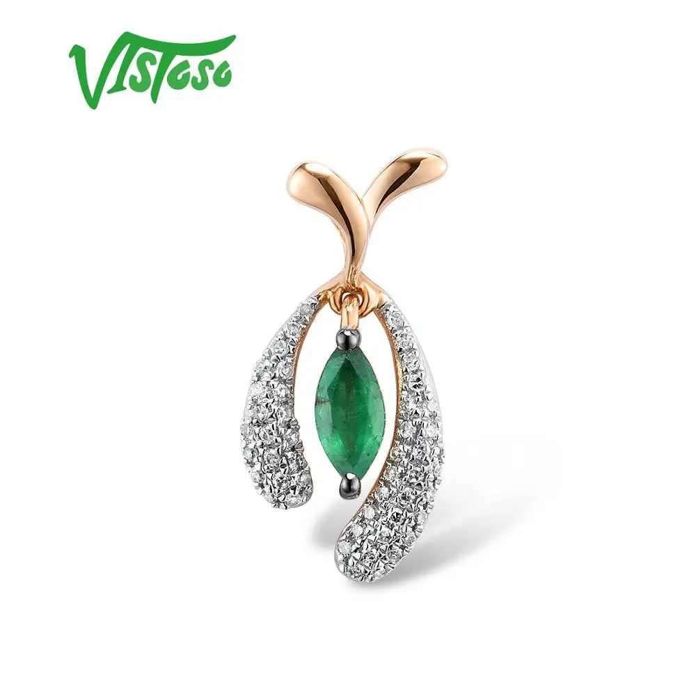 

VISTOSO Gold Pendants For Women Pure 14K 585 Rose Gold Natural Emerald Sparkling Diamond Wedding Fine Jewelry