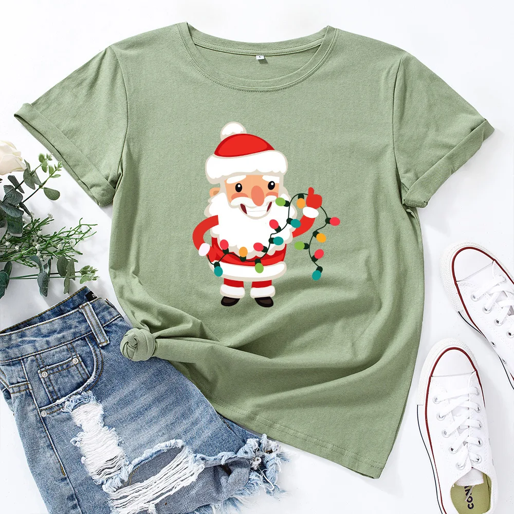 

Cute Santa Claus Print Tshirt Women 100%Cotton Plus Size Crewneck Short Sleeve Tee Shirt Femme Christmas Tops Harajuku Clothes