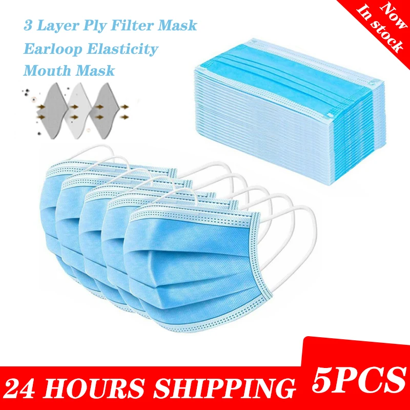 Одноразовые 3 слойные фильтрующие маски Nonwove 5 шт. безопасные мягкие дышащие