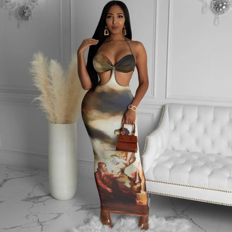 

Tank Dress Halter Neck Sling Lower Waist Vest Robe R2k Robe Satin Vestido De Tanque Sukienka Zbiornika With Hollow Print Long