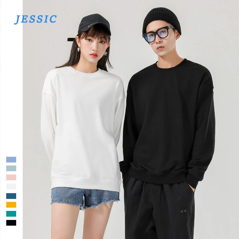 

JESSIC 2020 Autumn New Men's And Women's Round Neck Sweater Loose Shoulder Terry Solid Color Long-sleeved Men's Sweater