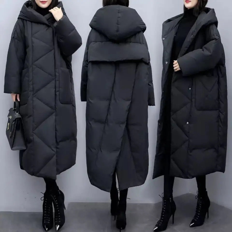 Women X-Long Oversize Down Cotton Jackets Thick Hooded Black Coat Woman Casual Overcoat Elegant Winter New Female Parka Outwear