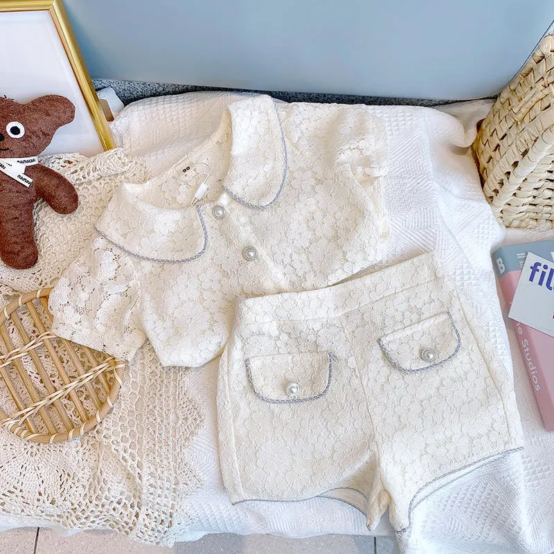 Комплект одежды для девочек новая модная розовая футболка с цветочным кружевом и