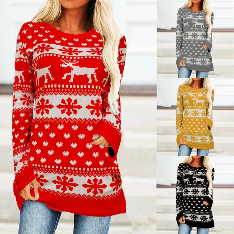 

Fashion Women's Wear Long SleevesTT-shirt Loose Bottoming Shirt Christmas Elk Snowflake Printed Sweater