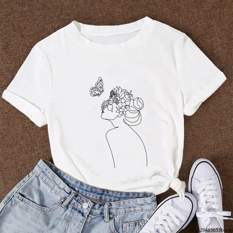 

Summer Women T Shirt Plus Size Flowers Face Abstract Print Lady Short Sleeve Oversized Casual Graphic Tops