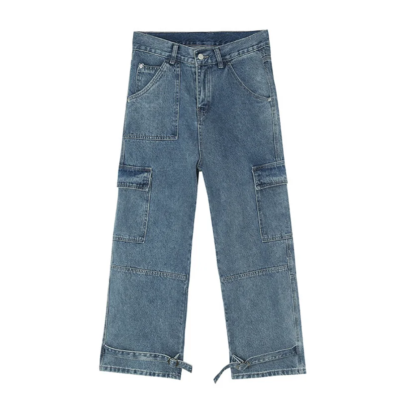 

GTDOM Men Straight Jeans Four Seasons Japanese Trousers Cotton 2021 New Overalls Denim Blue Button Fly Long Jeans