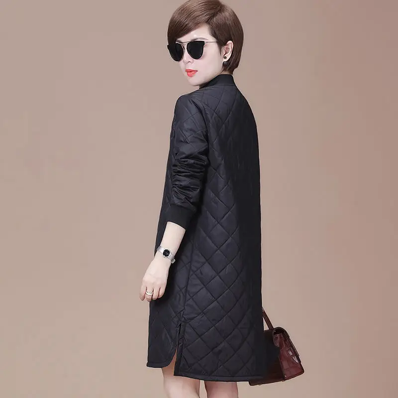 

Women's Long Basic Cotton-Padded Jacket Warm Clothing For Women Split Thin Black Argyle Plaid Coats Outerwear Plus Size M-3XL