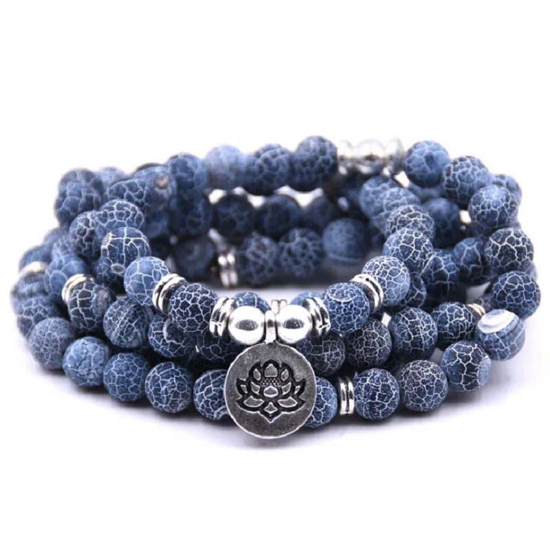 

New Arrival 8mm Natural Blue Texture Stone 108 Mala Beads Bracelet or Necklace with Lotus Charm Male Beaded Bracelet Wholesale