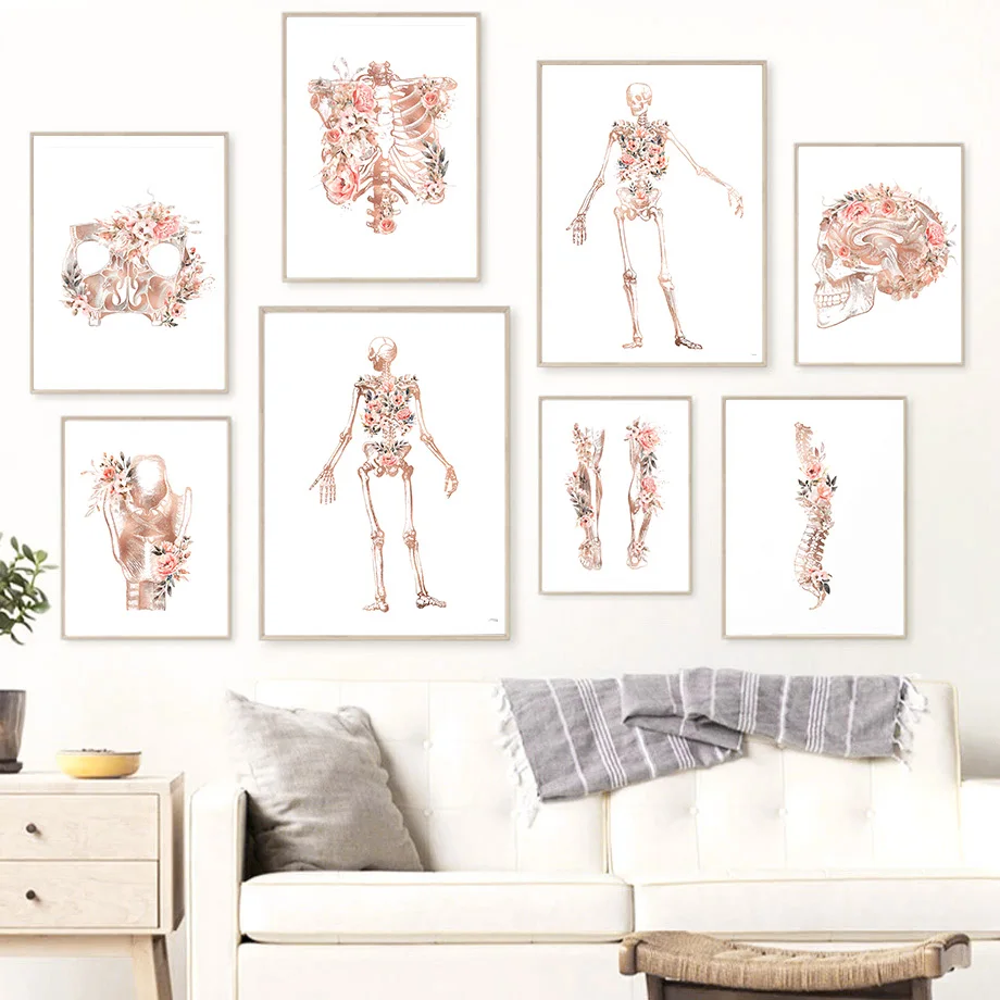 

Skeleton Spine Skull Sternum Hand Bones Flower Wall Art Canvas Painting Posters And Prints Wall Pictures For Doctor Office Decor