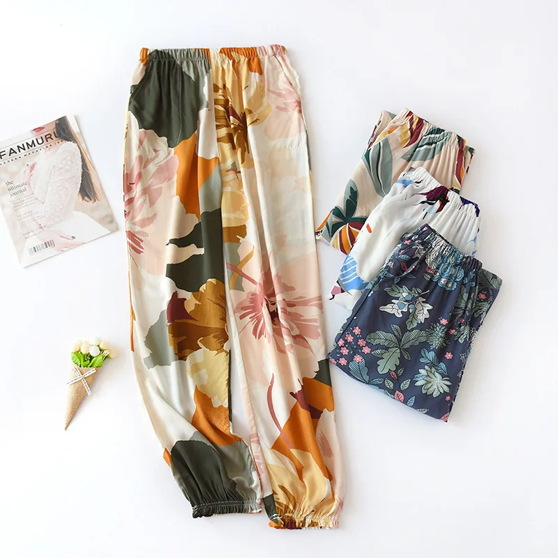 NEW print Flowers  Soft Comfort Women Full-length Viscose sleep pants lounge at home pants Women Spr