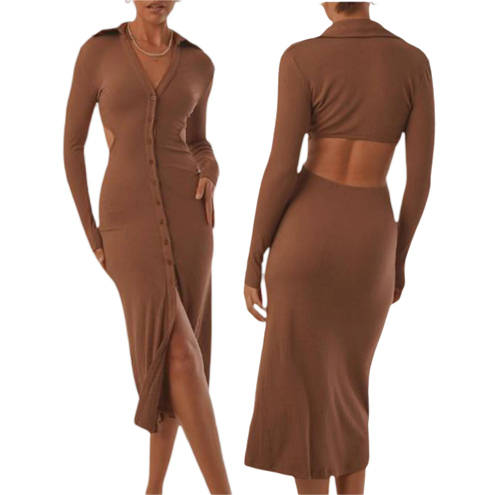 

hirigin New Fashion Women Solid Color Hollow-out Dress Long Sleeve Deep V-neck Front Split Long Dress for Spring Autumn