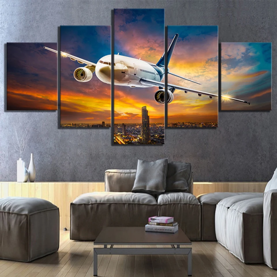 

5D Diamond Painting Airplane DIY Square Round full Diamond Embroidery Kit Sunset Backlight for pictures Lawn Wall Art 5 Piece