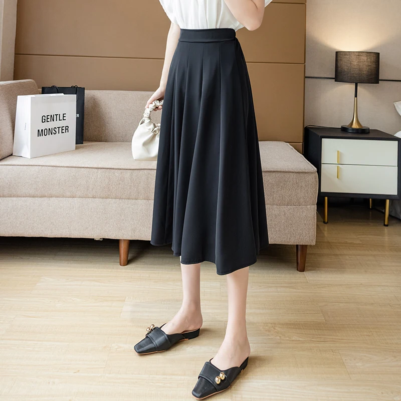 

Summer Office Lady Umbrella Skirt Ladies High Waist Big Swing Pleated Skirt Fashion Korean Style Black Long Skirts for Women