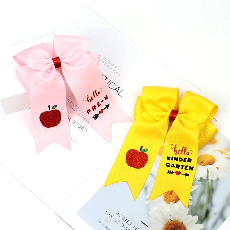 

Back to School Girls Ribbons Bow Hair Clips Printed Apple Red Ribbons Hairpin Kids Princess Hair Accessories Barrettes Student