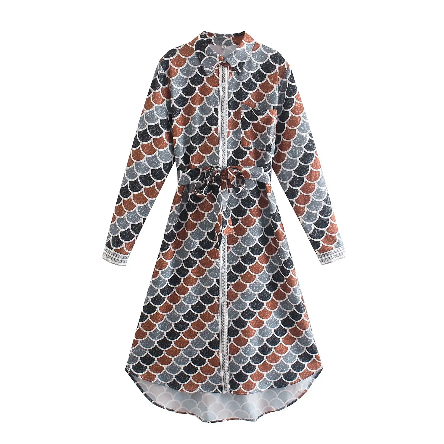 

Clazzaa Women Fashion With Belt Printed Single Breasted Midi Dress Vintage Long Sleeve Lapel Neck Casual Female Dresses