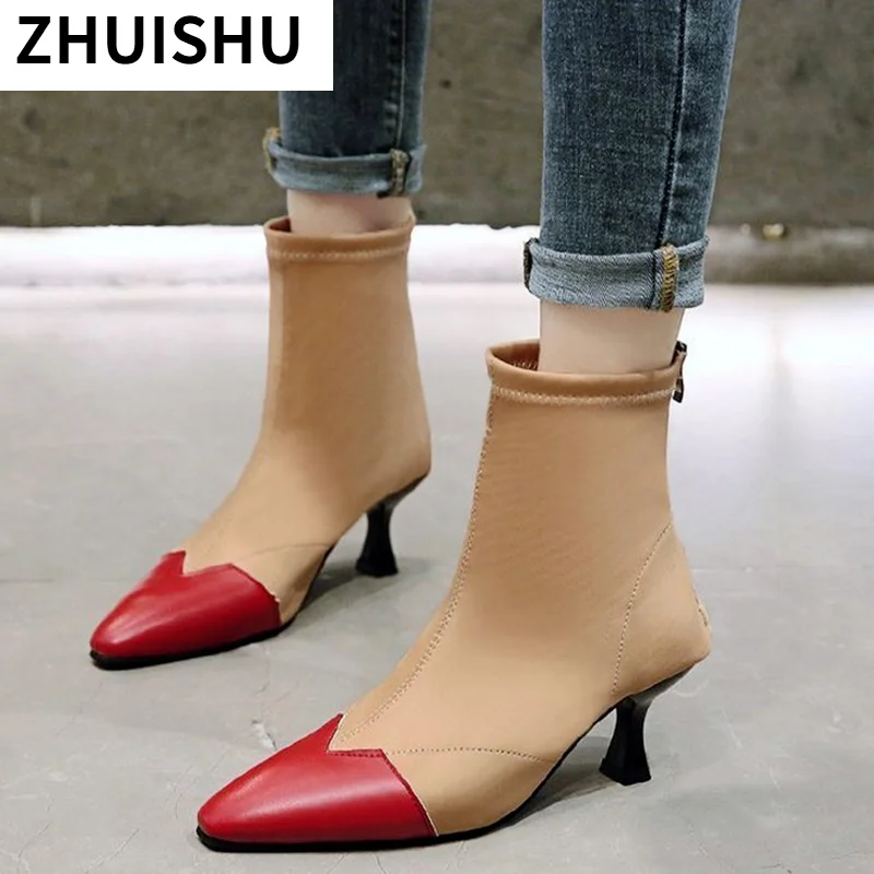 

Women Pointed Toe Zipper Ankle Boots Ladies Sewing Thin Heel Short Boot Female PU Leather Office Lady Commute Comfortable Shoes