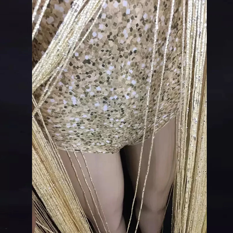 Сексуальное золотистое длинное боди с бахромой костюм для сцены вечерние