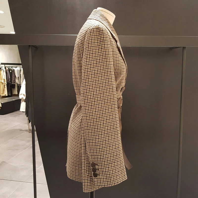 Женский блейзер BGTEEVER повседневный двубортный пиджак в клетку с поясом