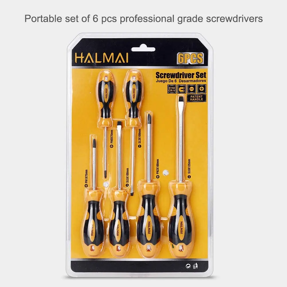 Screwdriver Set Magnetic HALMAI 6 PCS Professional Tips Kit with 3 Phillips and Flat Head Non-Slip Handle | Инструменты