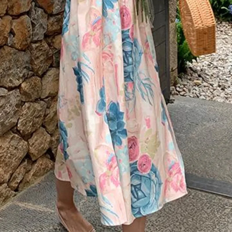 

2021 Summer Elegant Fashion Flower Print Dress Beach Holiday Dresses High Waist Spaghetti Strap Midi Backless Split Vestidos New