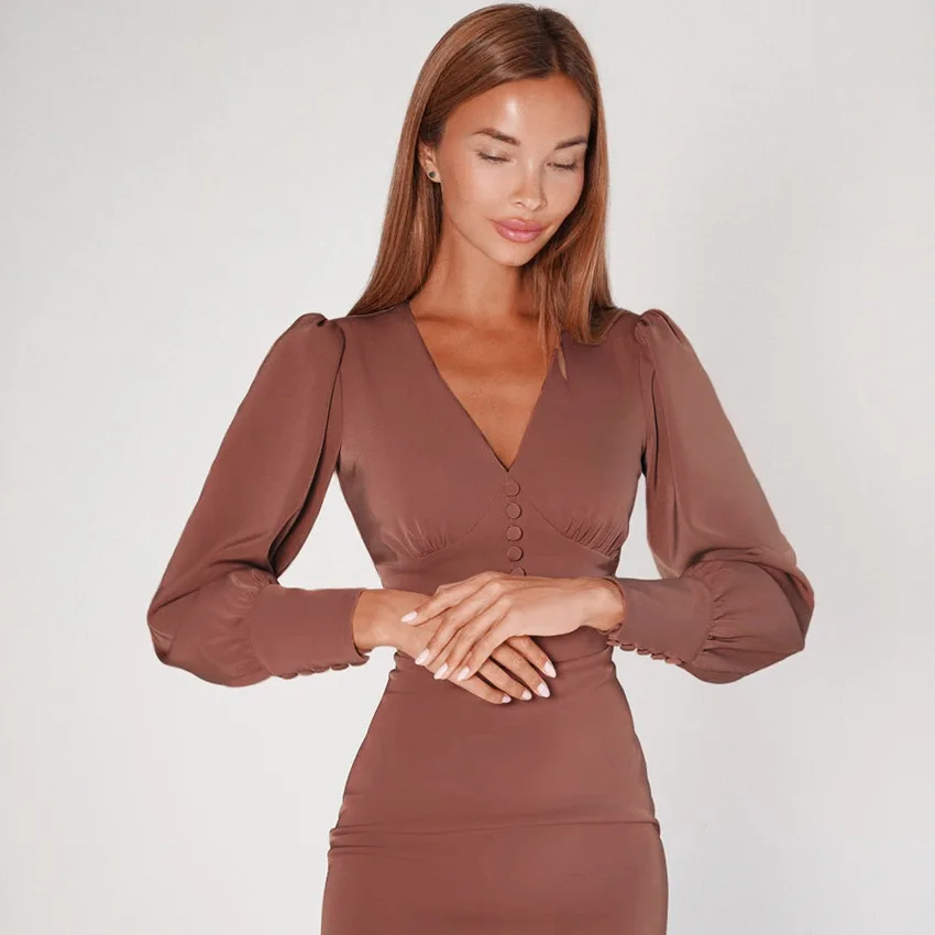

Women's Pencil Dress Long Skirt Fall French Style Retro Elegant V Neck Dress Slim Fit Slimming New Female Clothes Fashion