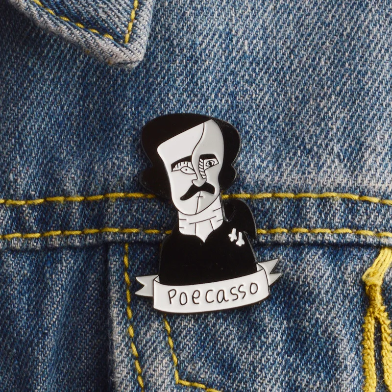 I Love Poecasso ! Edgar Allan Poe Pablo Poecasso Brooches Hard enamel pins Badges for Men Women Gift for book lovers