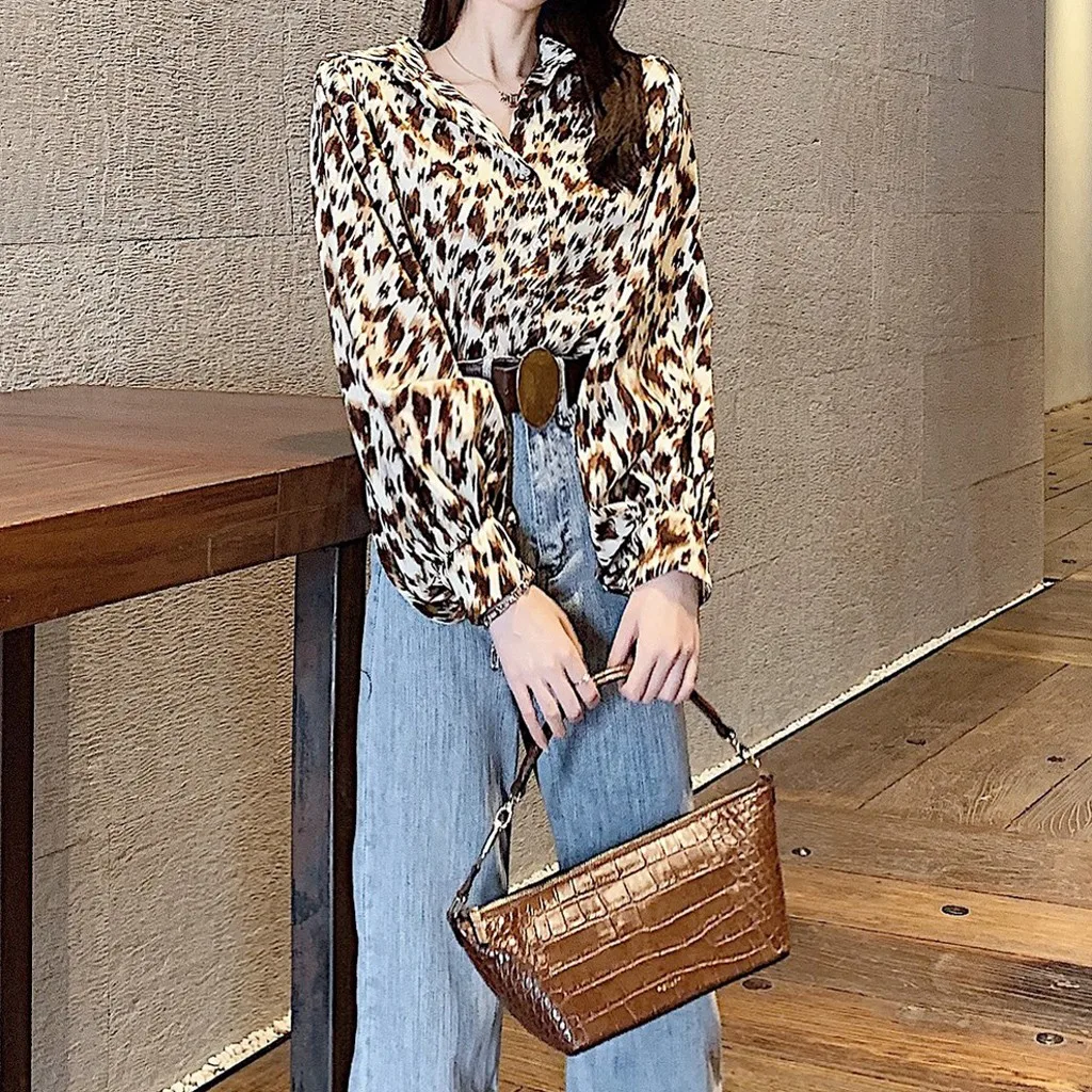 Женская леопардовая блузка с длинным рукавом фонариком повседневная свободная