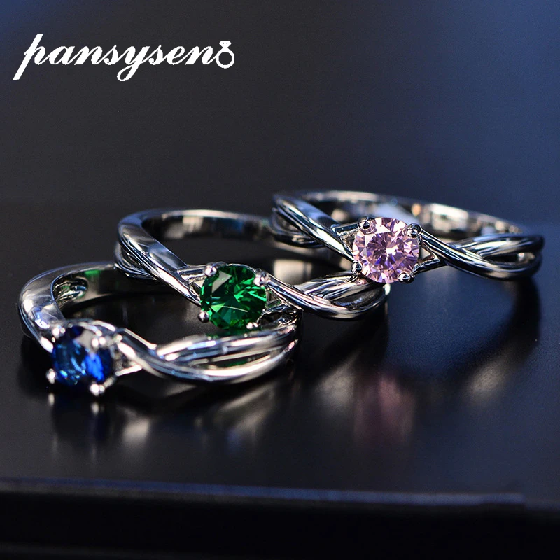 

PANSYSEN Top Quality 100% Solid 925 Silver Pink Green Blue Gemstone Fine Jewelry Rings Bridal Wedding Anniversary Ring Gift