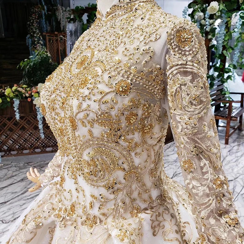 BGW 21230ht Luxury Wedding Dresses Muslim Woman High Neck Long Sleeve Lace Up Floor Length Princess Bridal Dress Golden Mariage