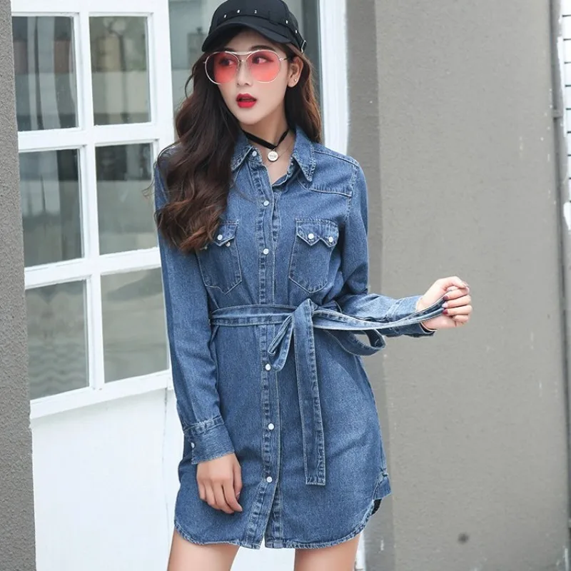 Весенняя новинка женские джинсовые длинные рубашки Корейская Повседневная