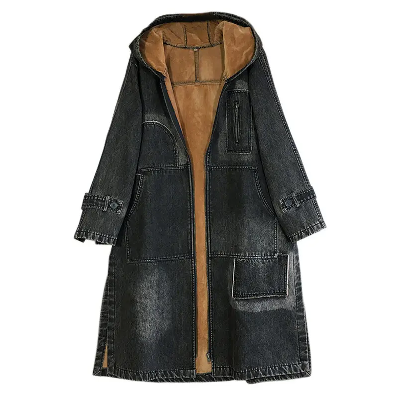 

Plus Velvet Denim Jacket Women Long Windbreaker Autumn Winter Women's Clothing Loose Large Size Hooded Thick Jeans Parka f1628