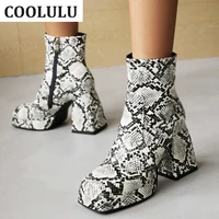 coolulu snake square toe gogo boots chunky high heeled ankle boots ladies platform block heel winter booties women shoes