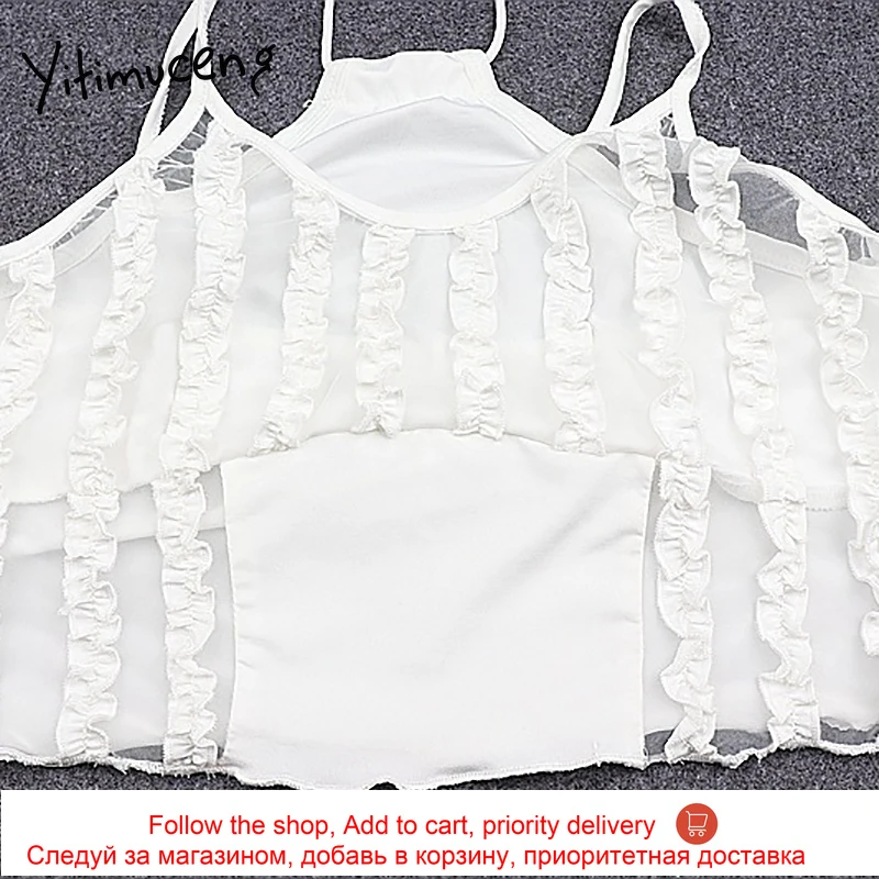 

Yitimuceng Striped Wrap Chest Camis Cropped Tops for Women Halter Spaghetti Strap Black Summer 2021 Backless Sexy Tank Top New