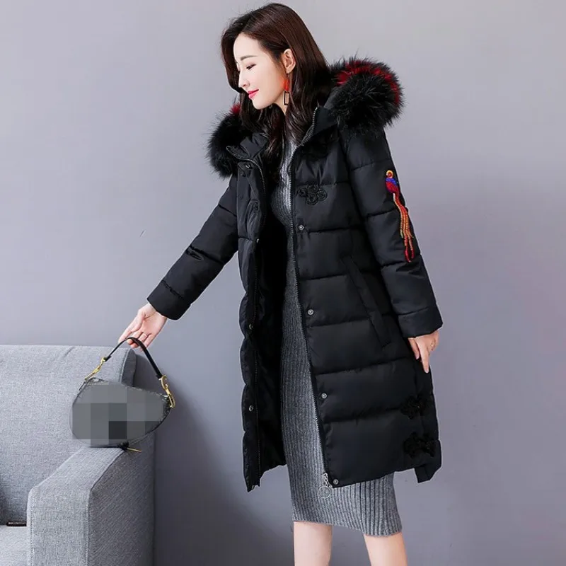 

Winter Fur Collar Hooded Long Coat Female Fashion Elegant Warm Black/Red Outerwear Chinese Style Embroidery Vintage Down Jacket