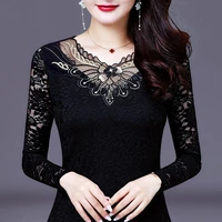 spring autumn 2020 women thin embroidered lace bottoming shirt blouses feminine long sleeve beaded tops shirt plus size 5xl